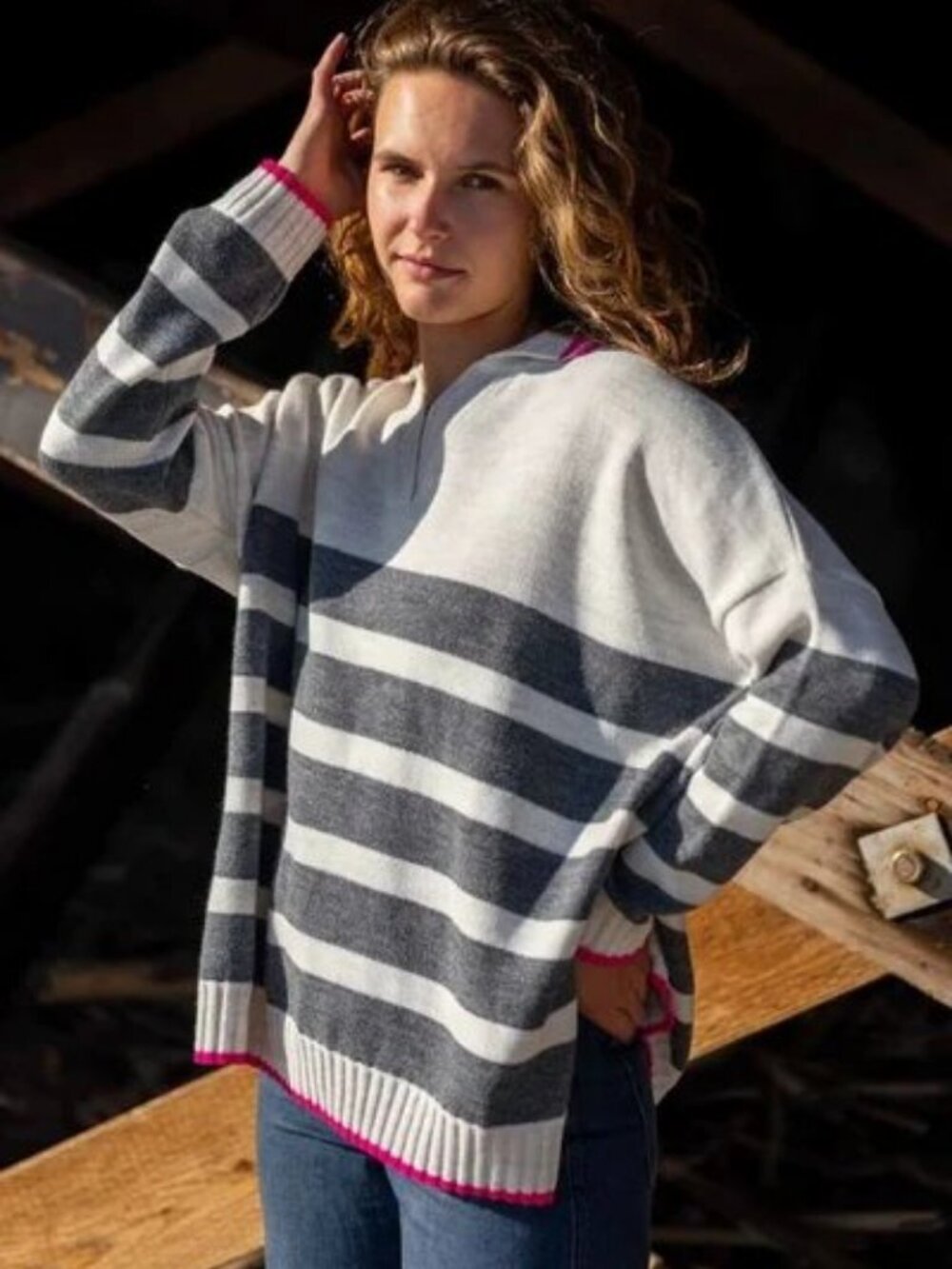 Mersea Marina Striped Polo Sweater Off White Grey One Size NWT